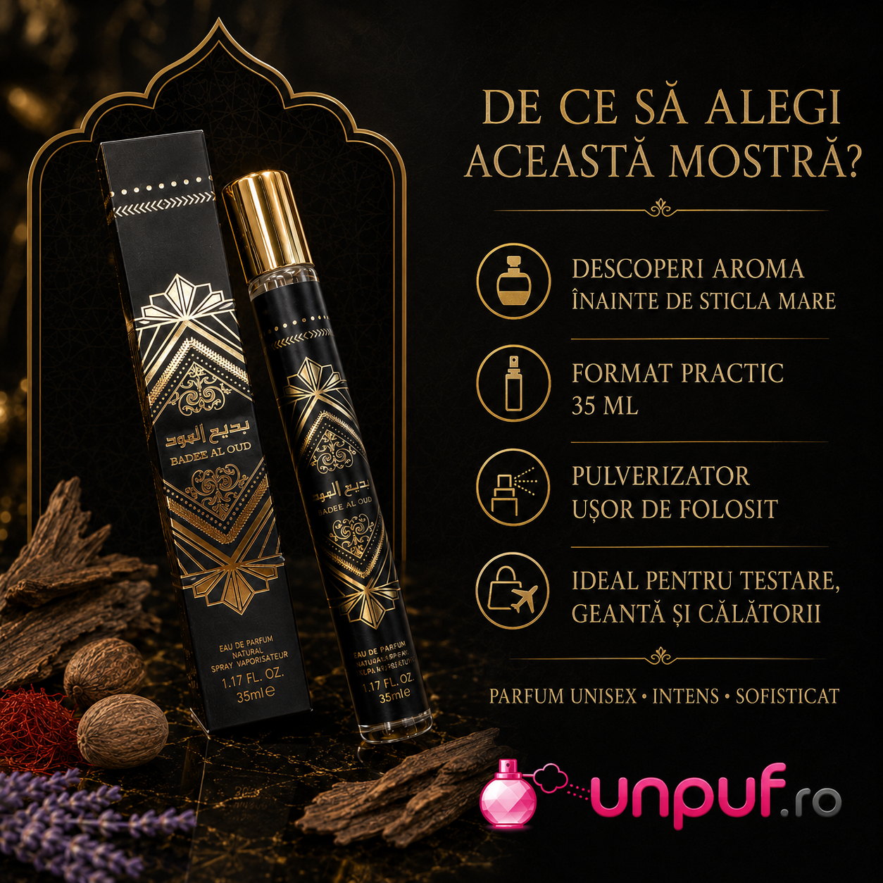 Mostră fiolă parfum Badee Al Oud Oud For Glory Lattafa 35 ml Eau de Parfum unisex cu aromă orientală intensă de oud